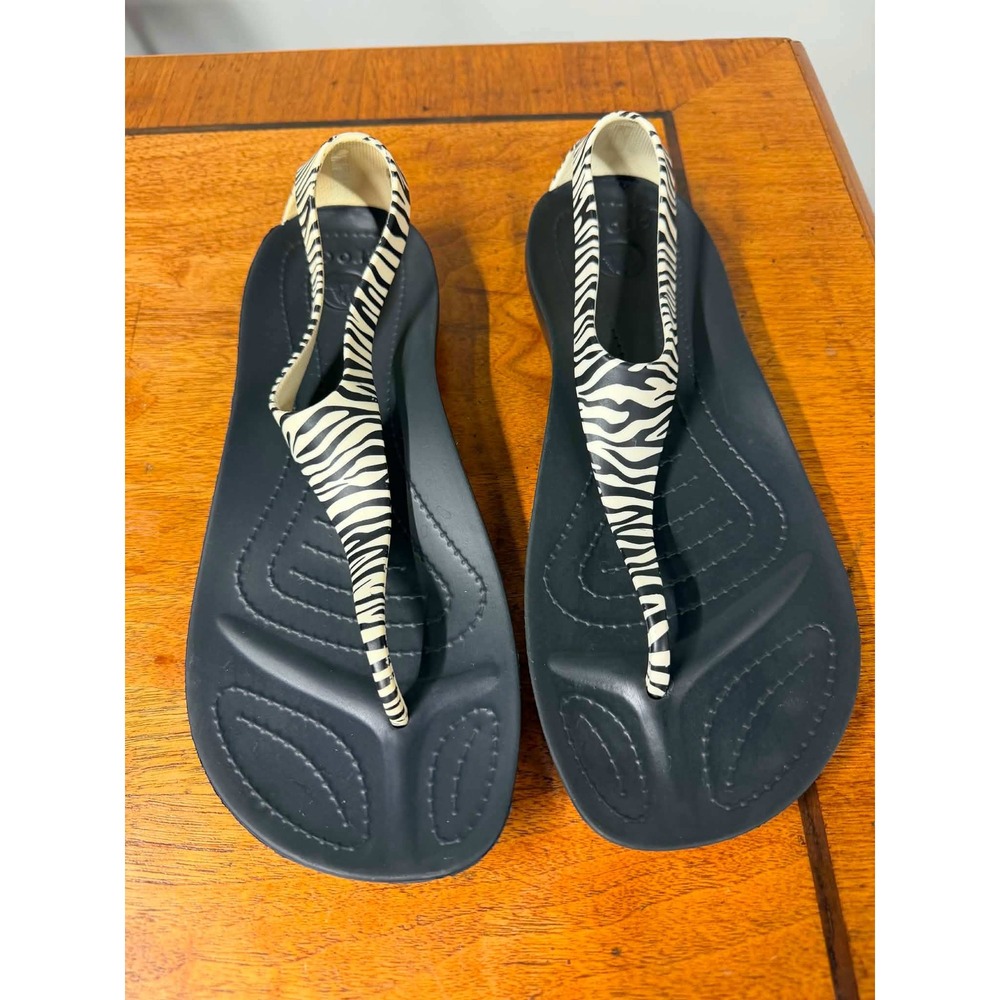Crocs Sexy Flip Sandals Womens 9 Zebra Print Black White T-Strap Flat Summer